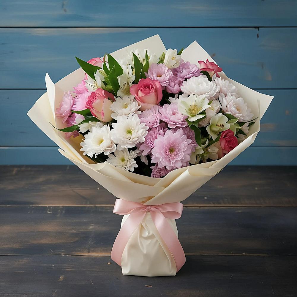 Букет цветов из: Хризантемы, Альстромерии и Розы в Струнино